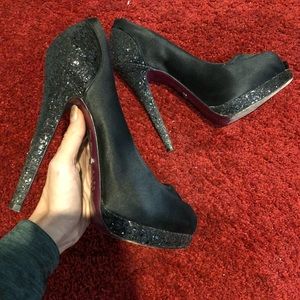 Black satin glitter 14 high heels pumps shoes